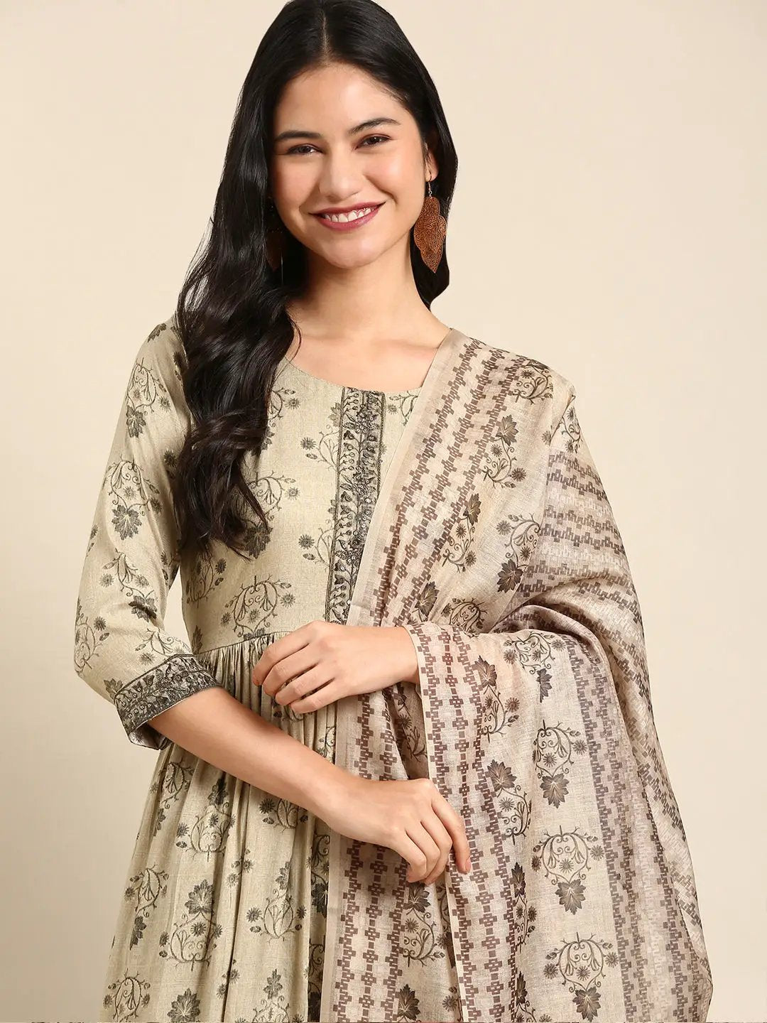 Women's Beige Printed Kurta Set