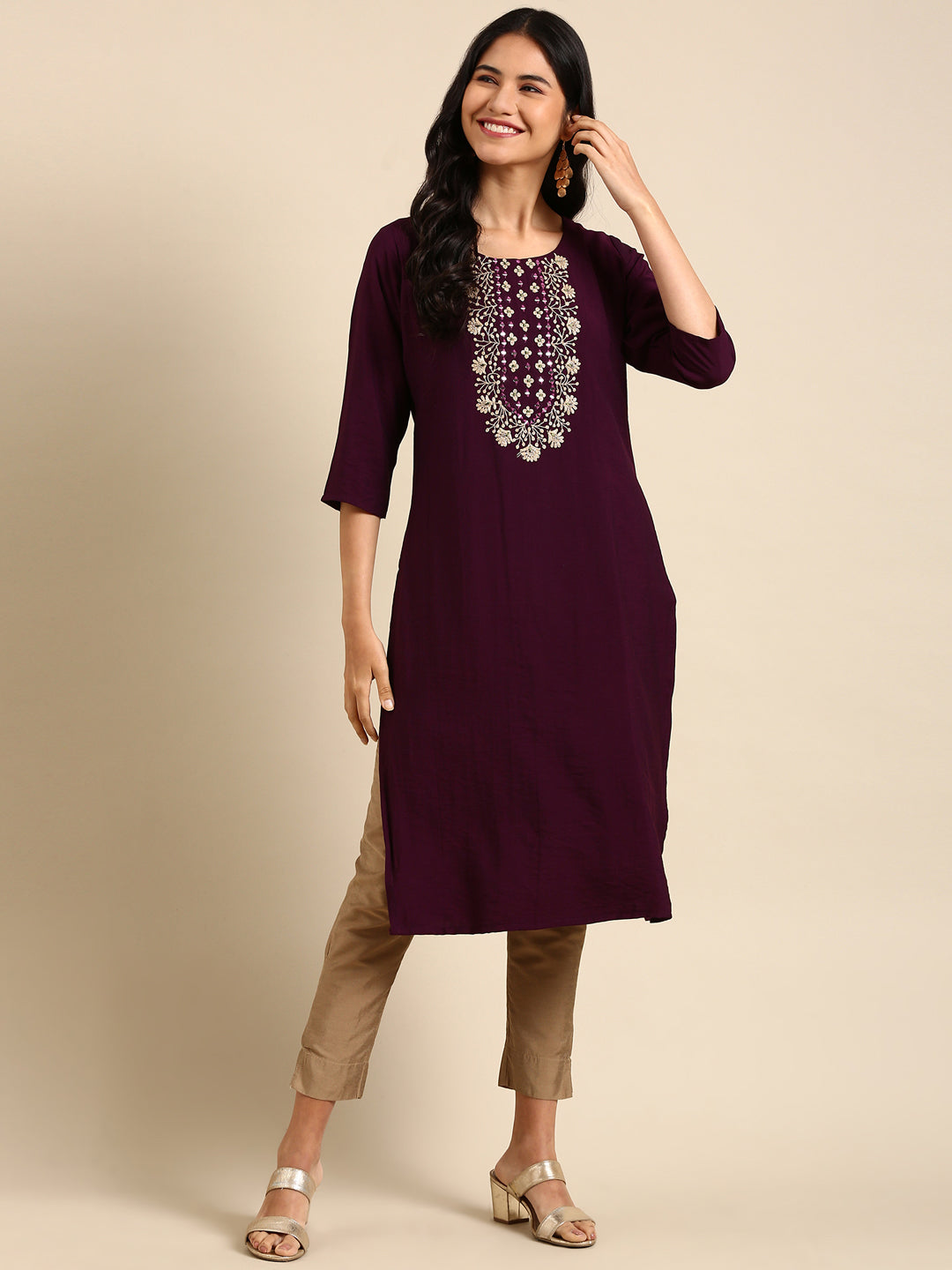 Women's Purple Printed Straight Kurta