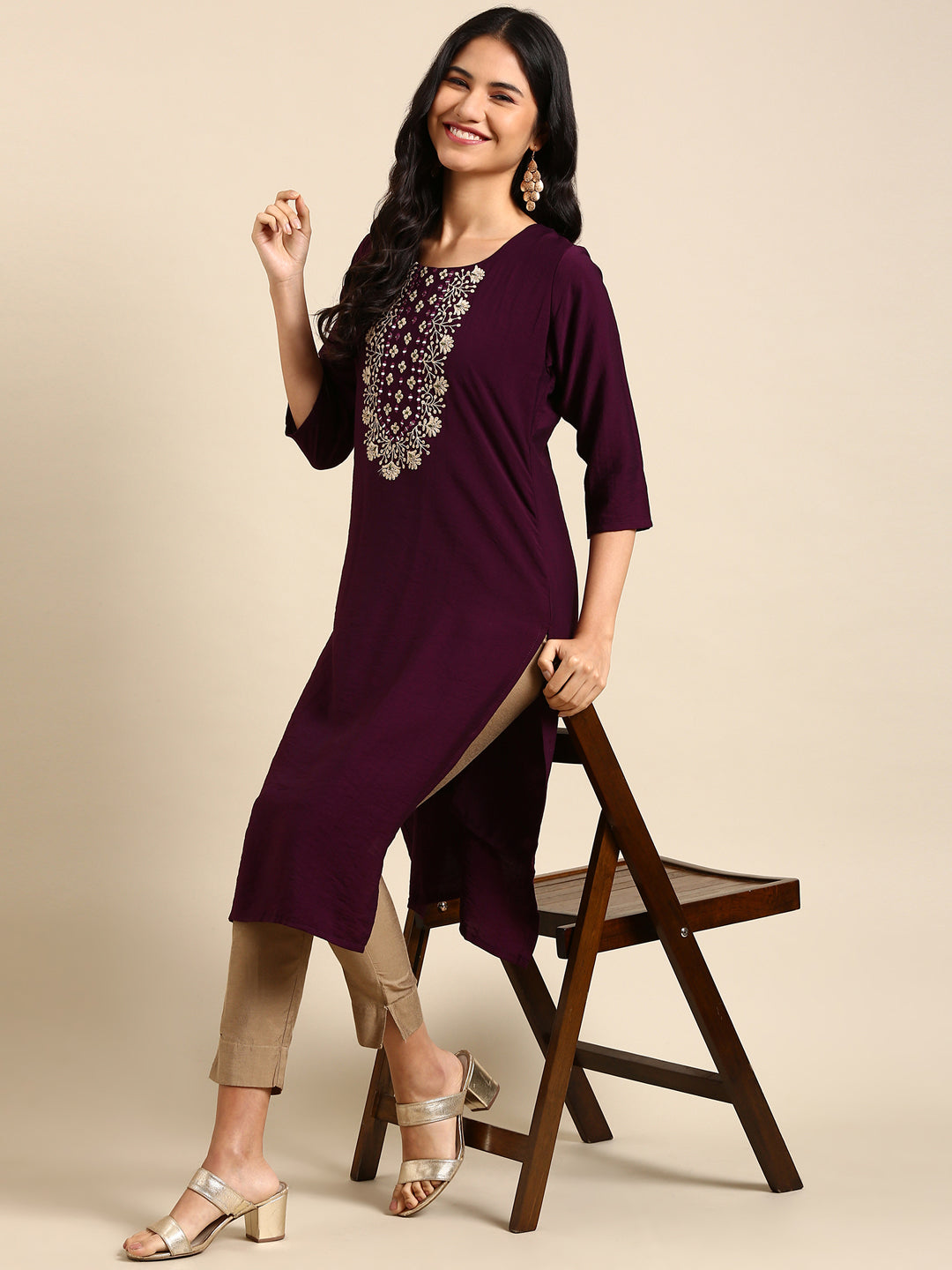 Women's Purple Printed Straight Kurta