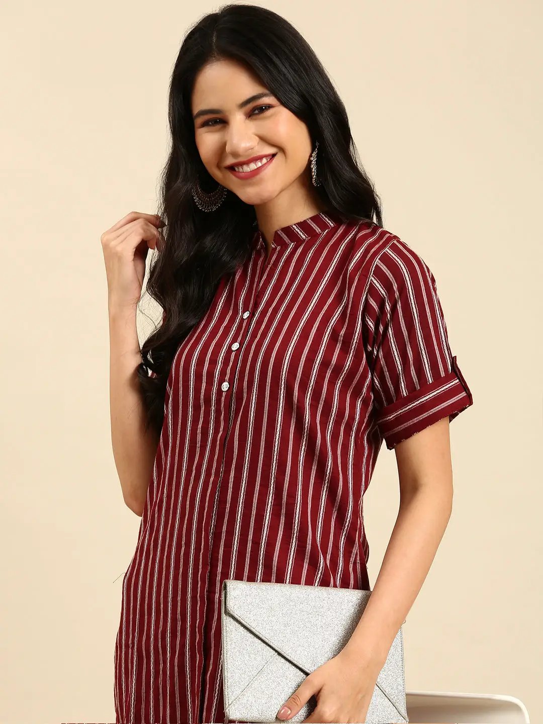 Women's Red Striped Straight Kurta