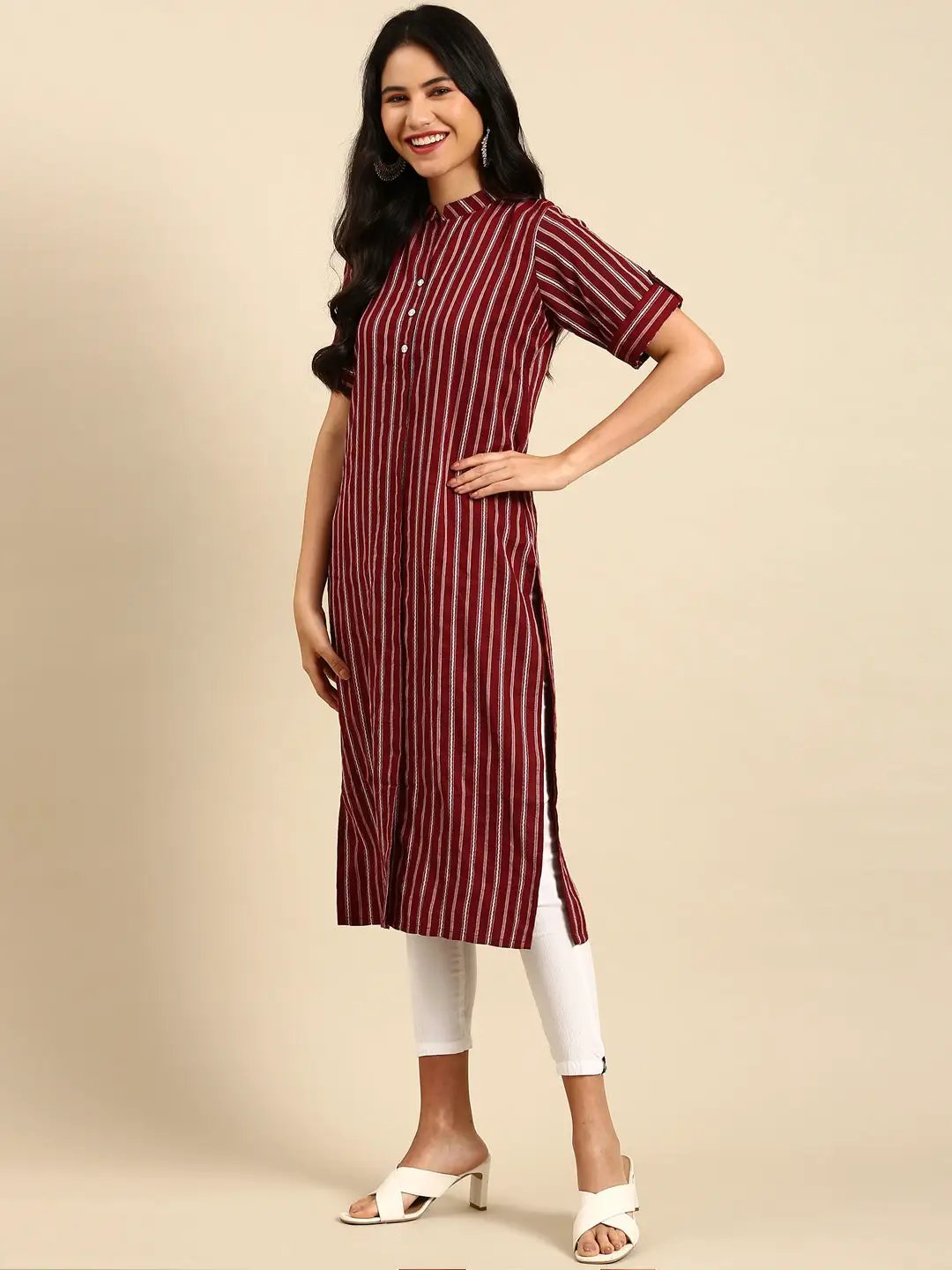 Women's Red Striped Straight Kurta