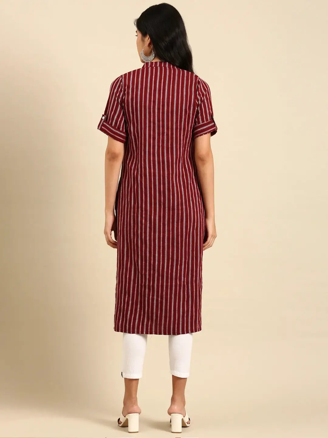 Women's Red Striped Straight Kurta