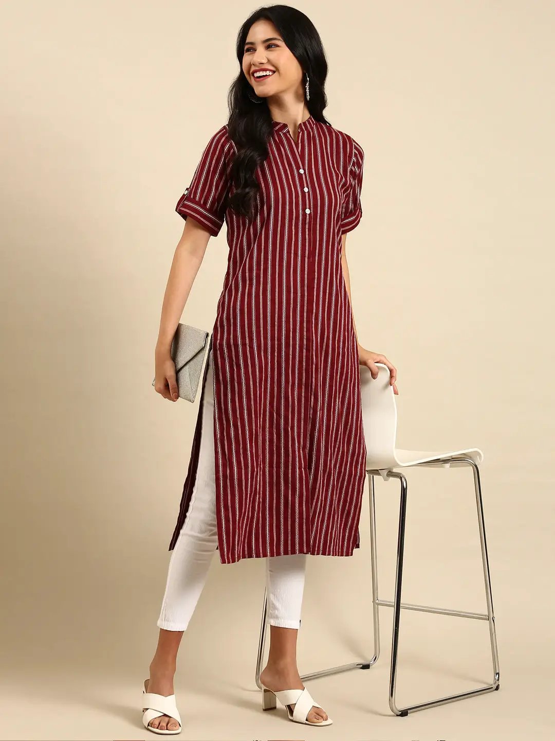 Women's Red Striped Straight Kurta