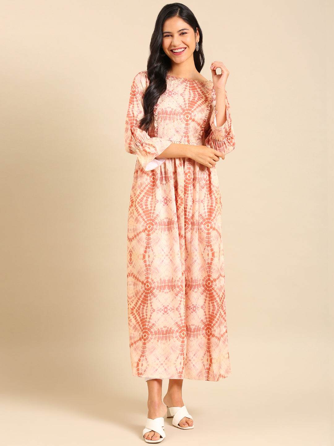 Women's Beige Printed Anarkali Kurta