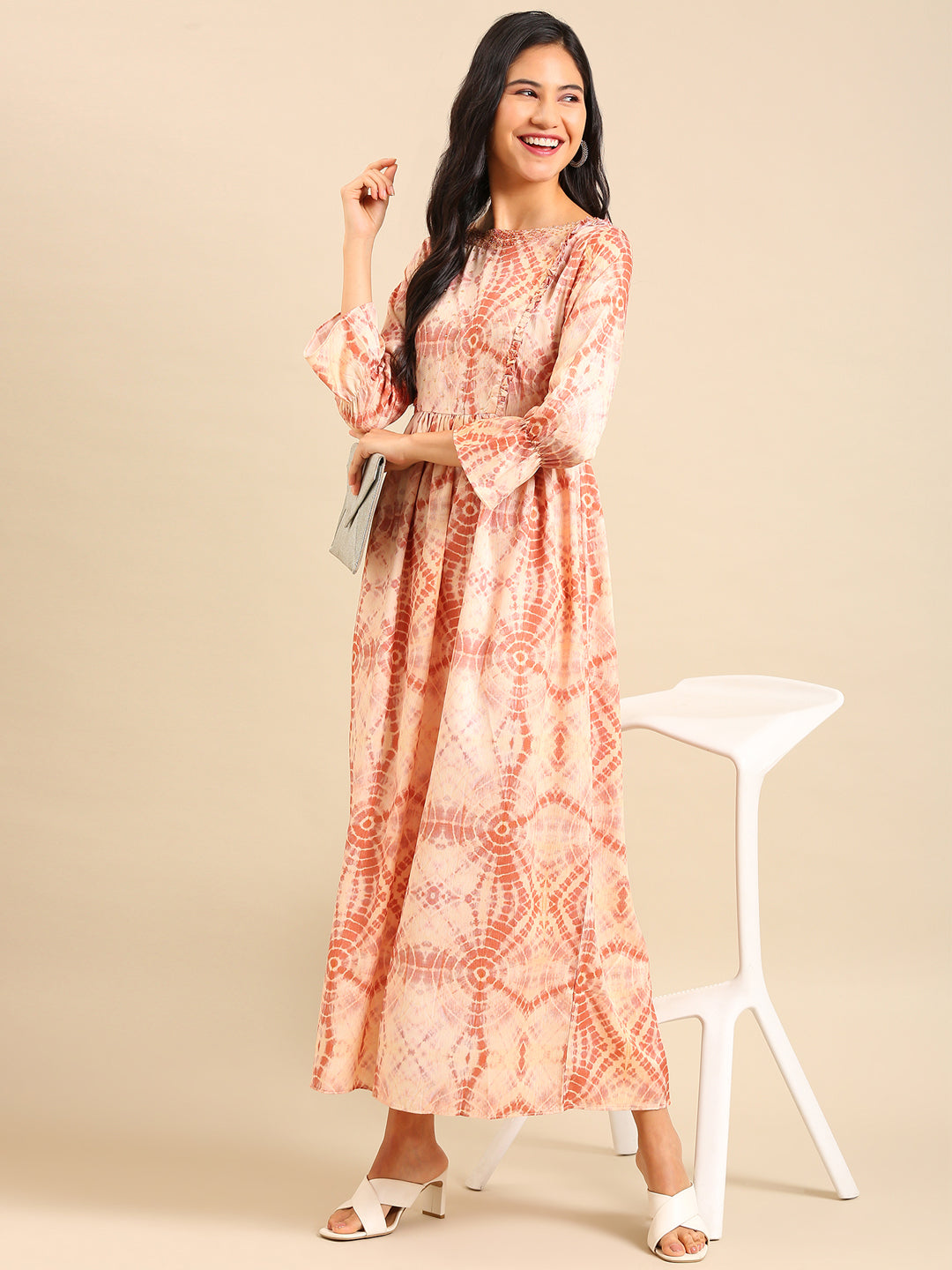 Women's Beige Printed Anarkali Kurta