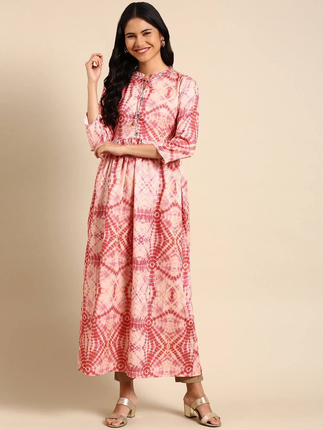 Women's Beige Tie Dye Anarkali Kurta