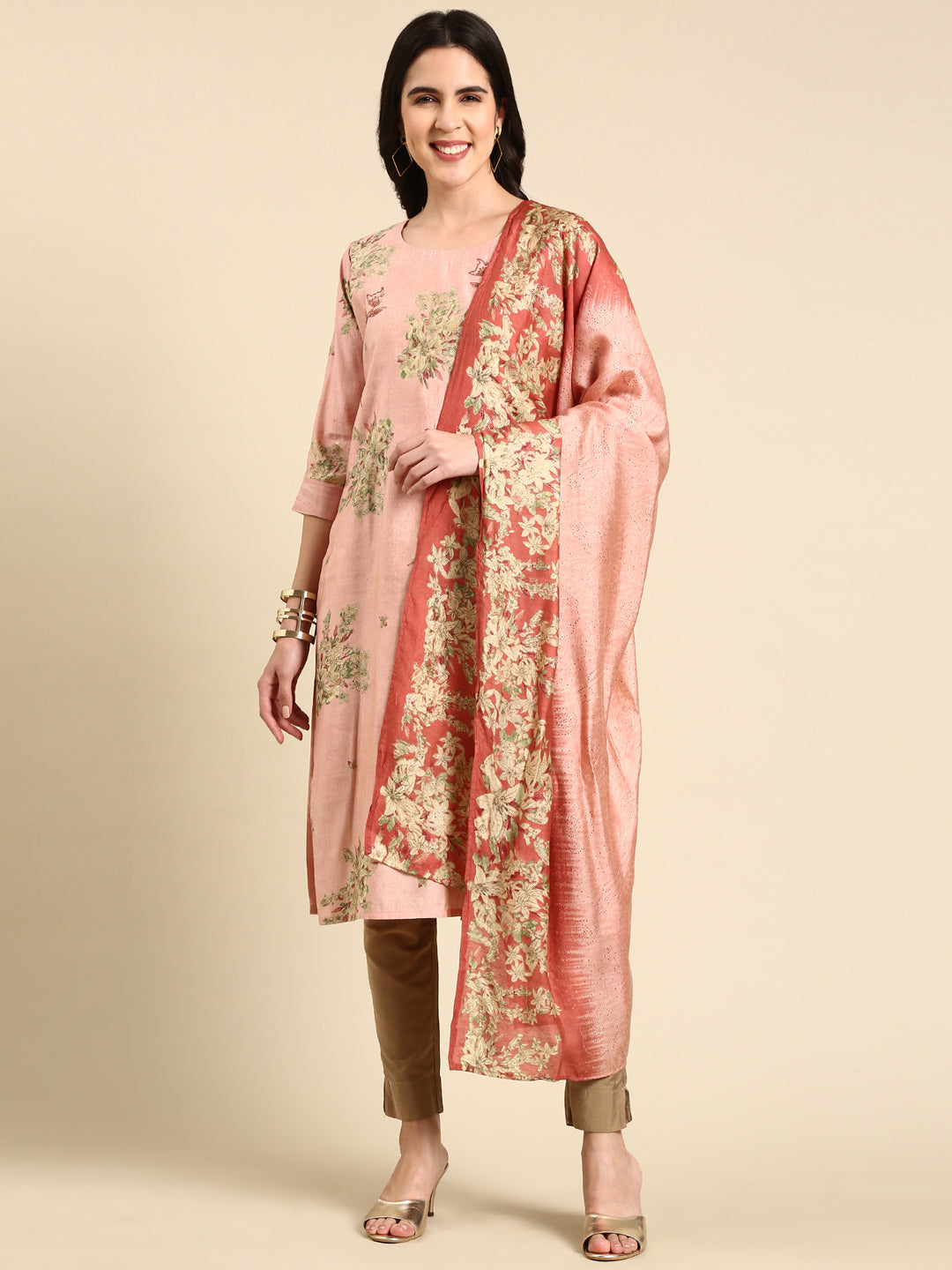 Women's Pink Printed Straight Kurta