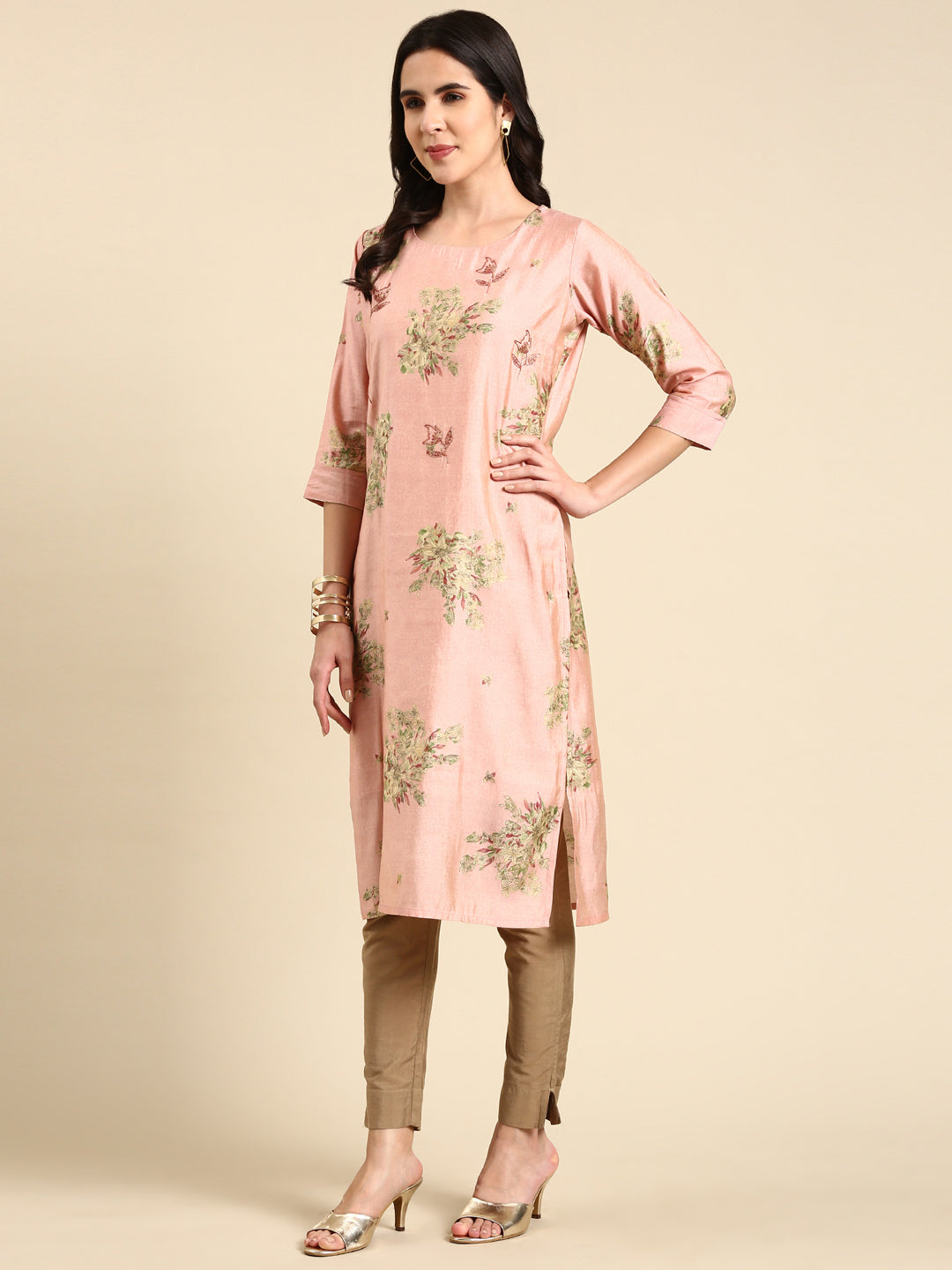 Women's Pink Printed Straight Kurta