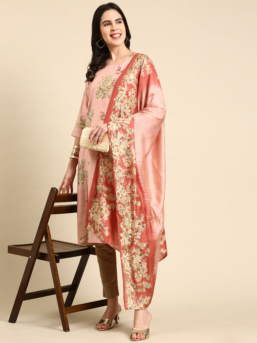 Women's Pink Printed Straight Kurta