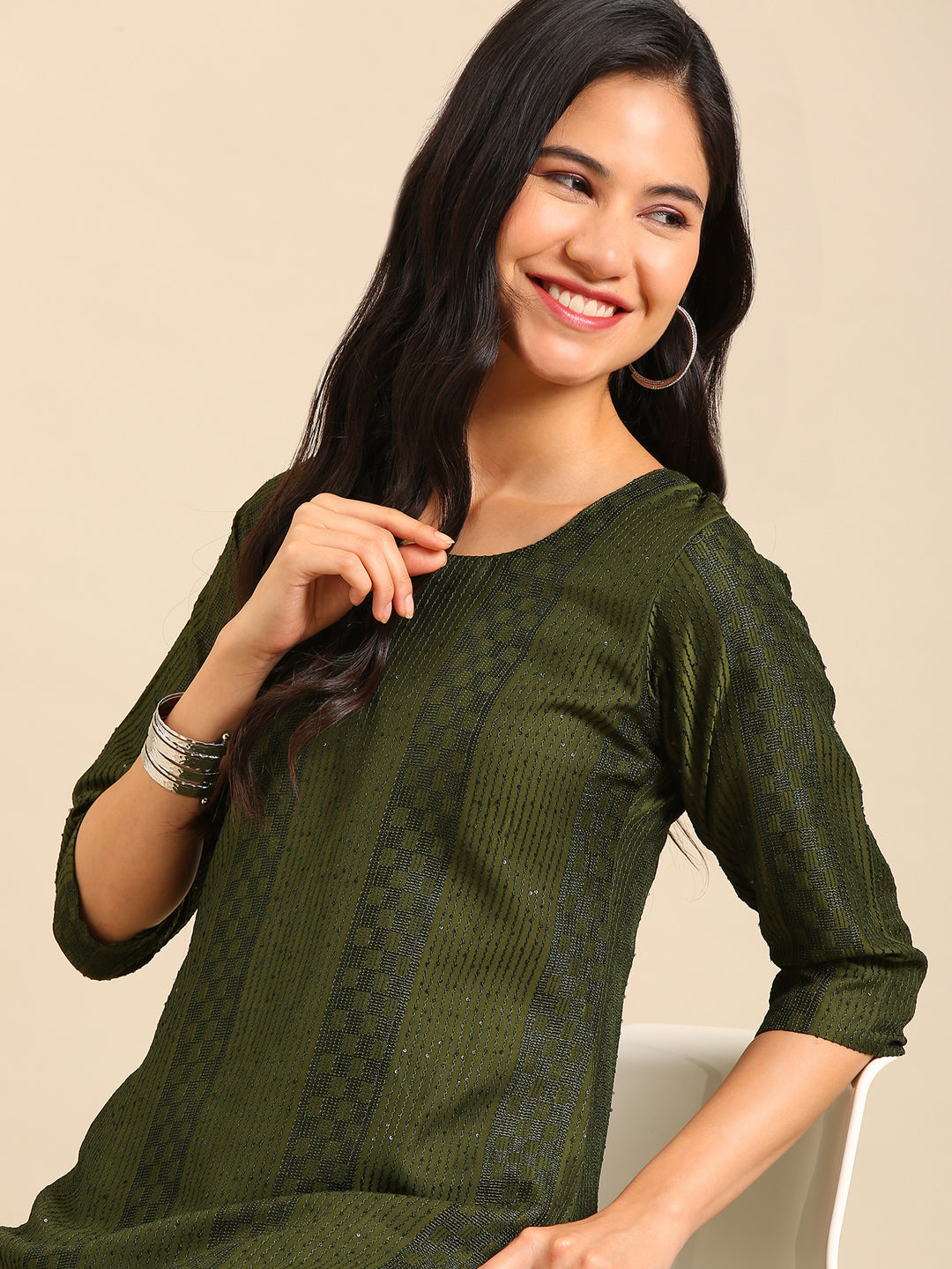 Women's Olive Embroidered Sequinned Kurta Set