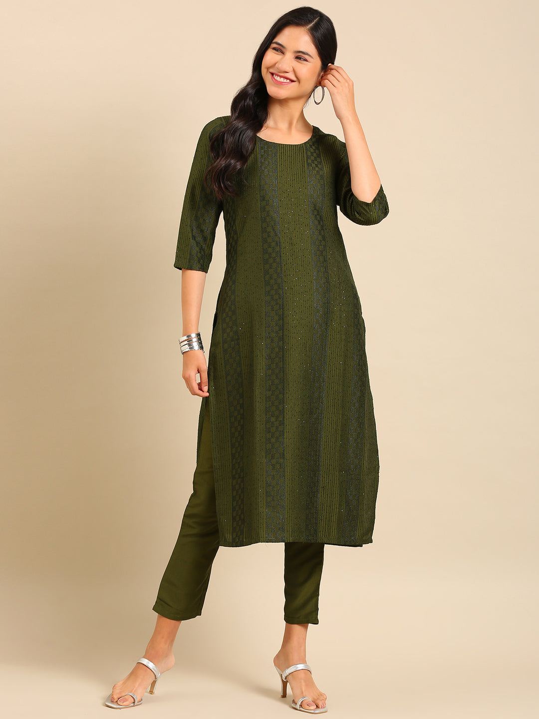 Women's Olive Embroidered Sequinned Kurta Set