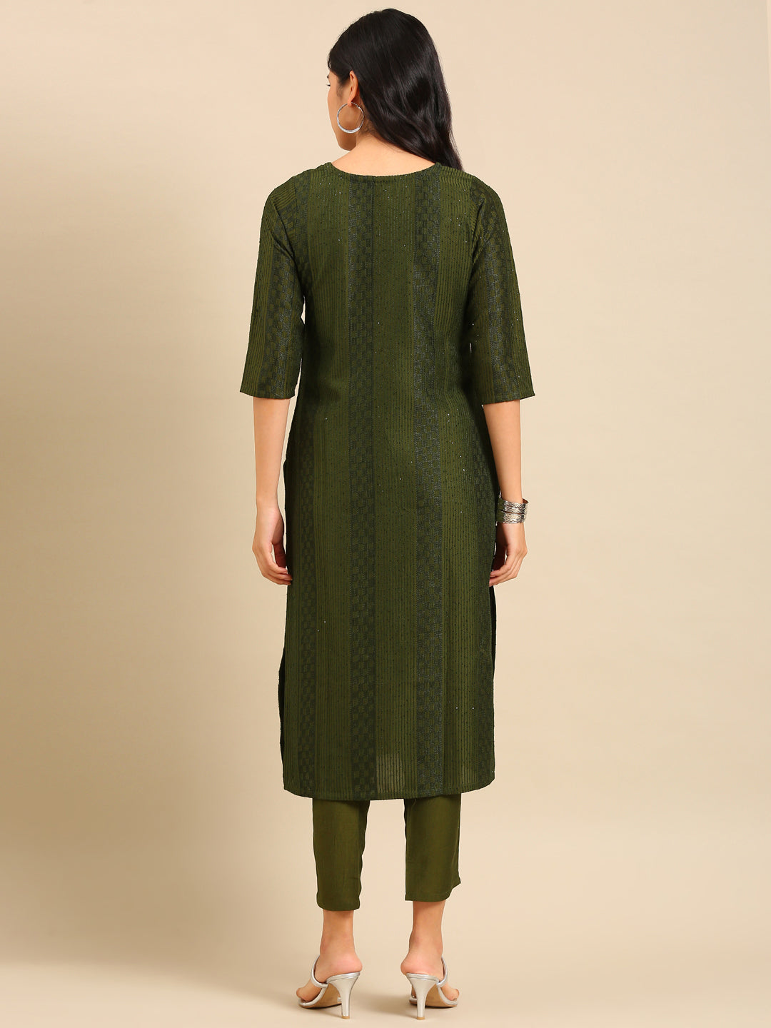 Women's Olive Embroidered Sequinned Kurta Set