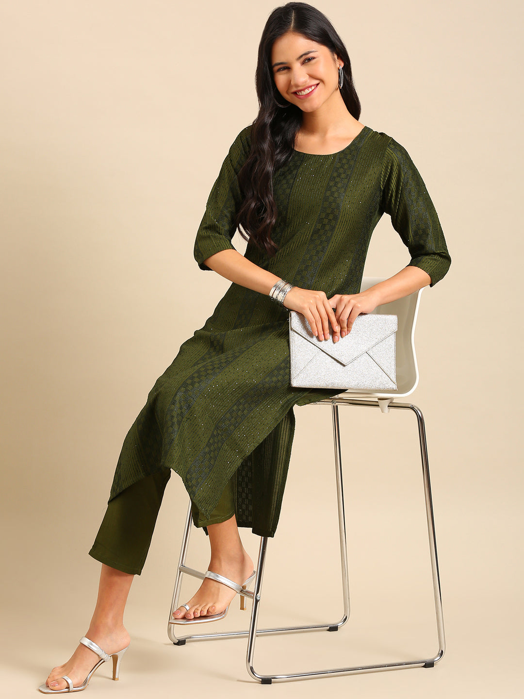 Women's Olive Embroidered Sequinned Kurta Set