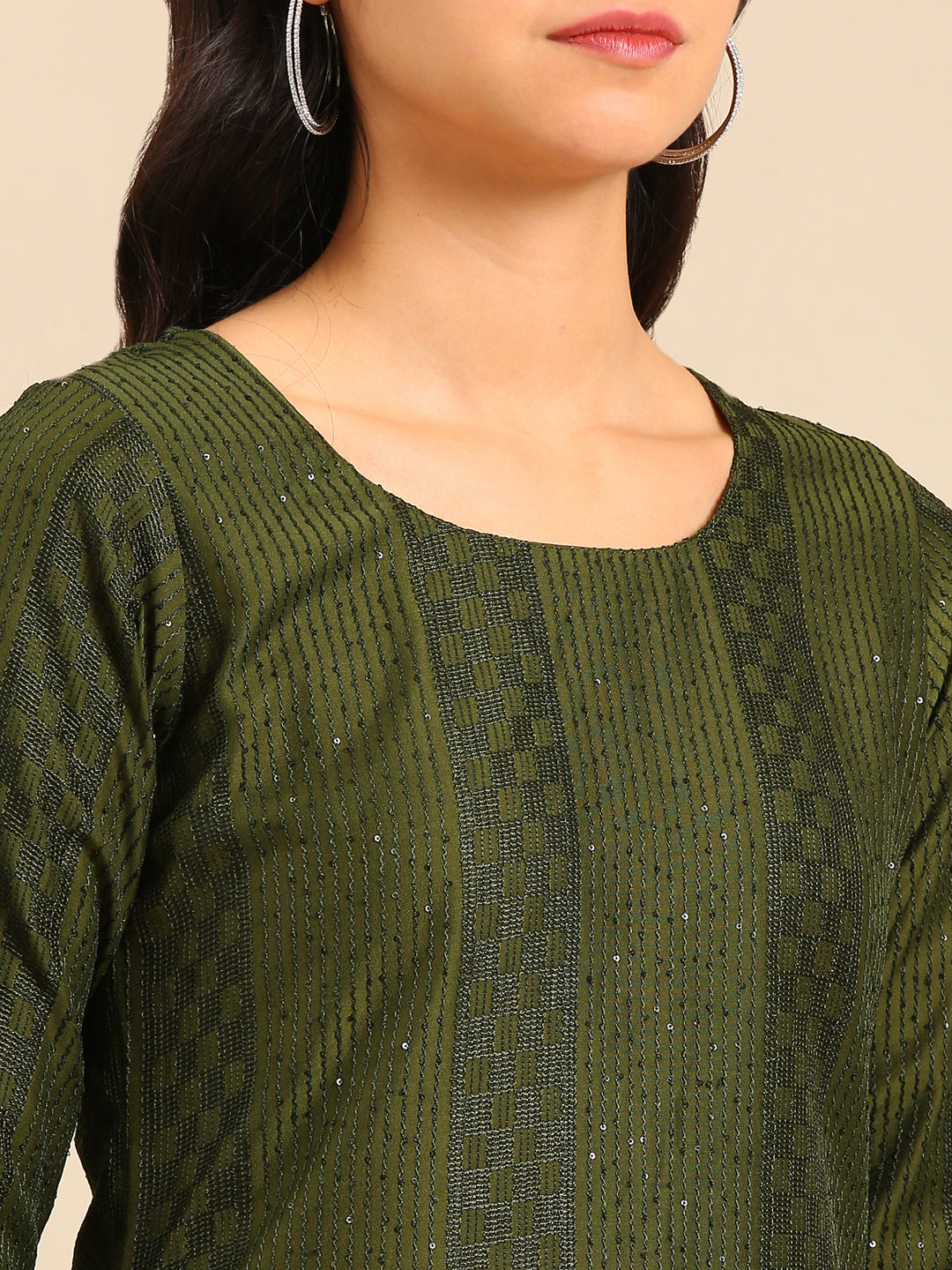 Women's Olive Embroidered Sequinned Kurta Set