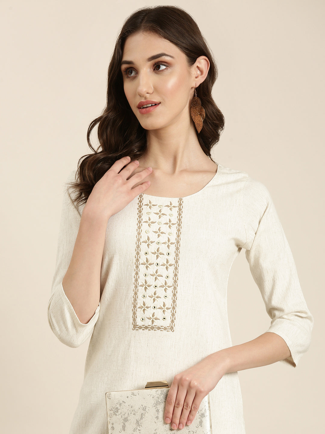 Women Cream Solid Straight Kurta