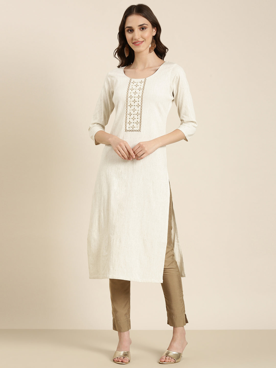 Women Cream Solid Straight Kurta