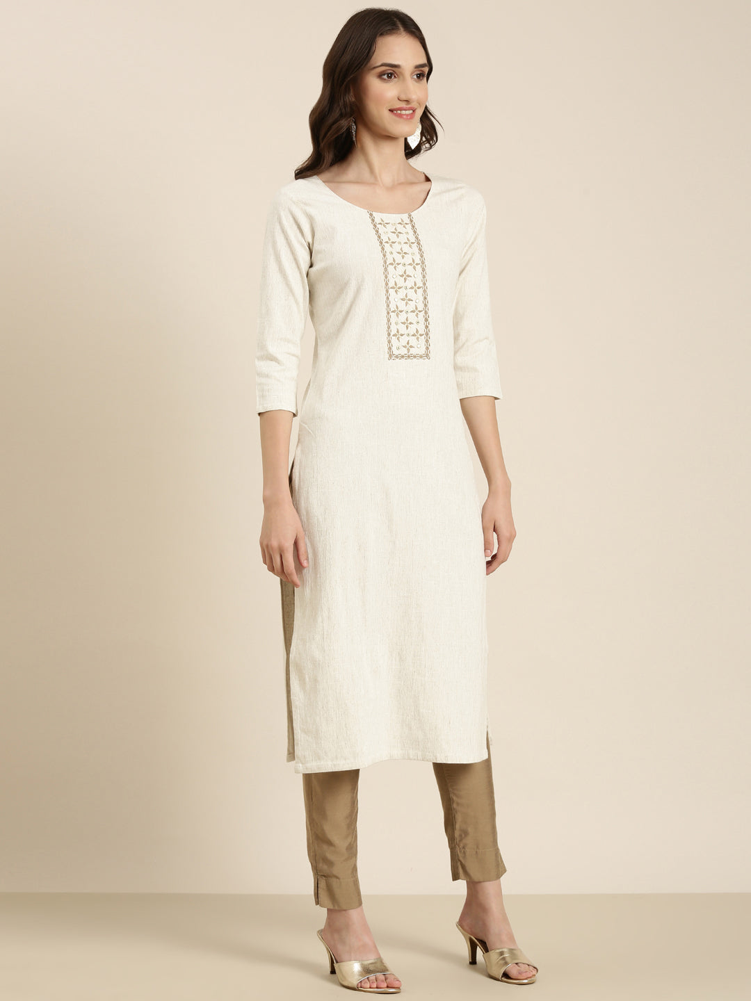 Women Cream Solid Straight Kurta