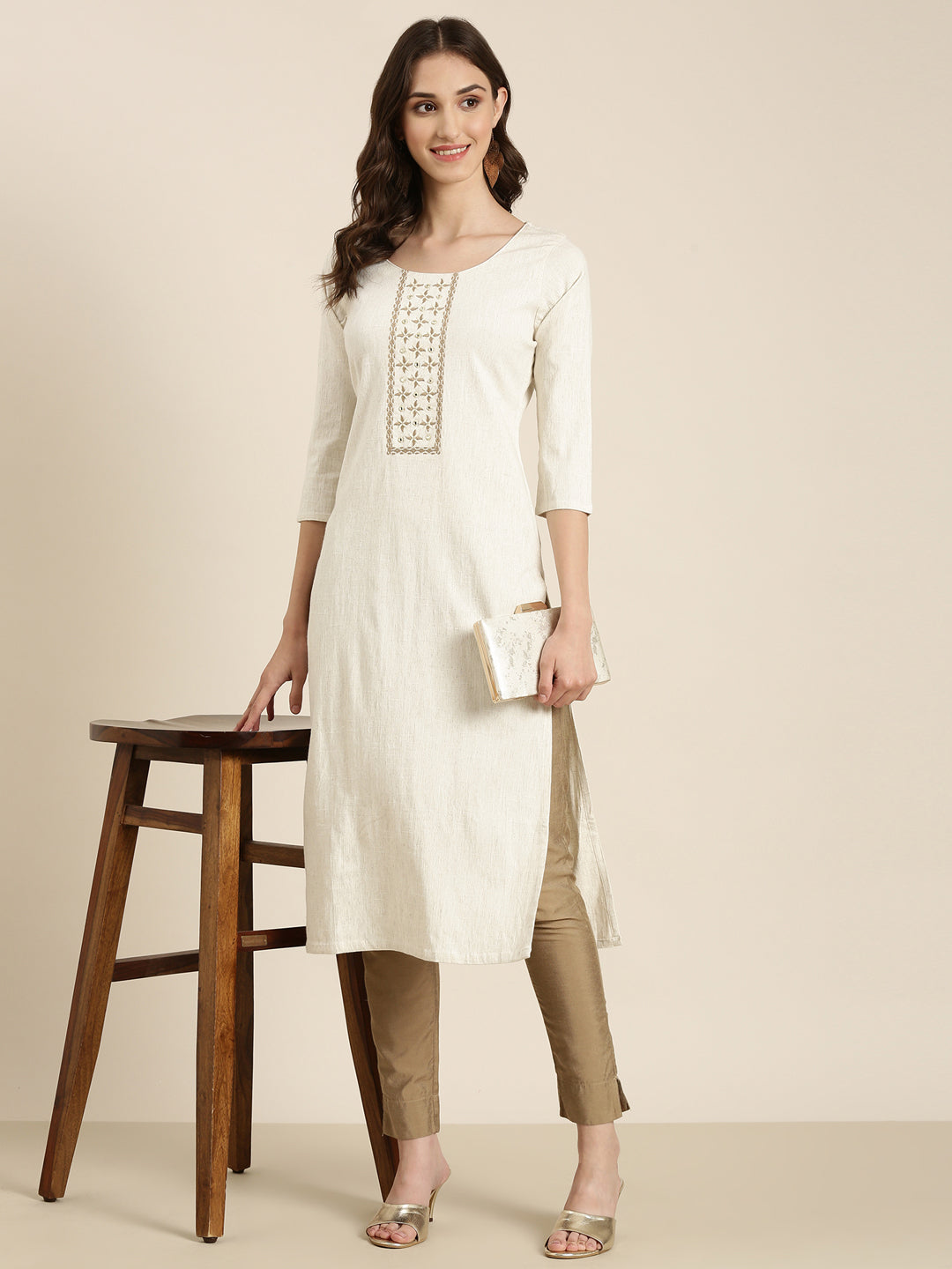 Women Cream Solid Straight Kurta