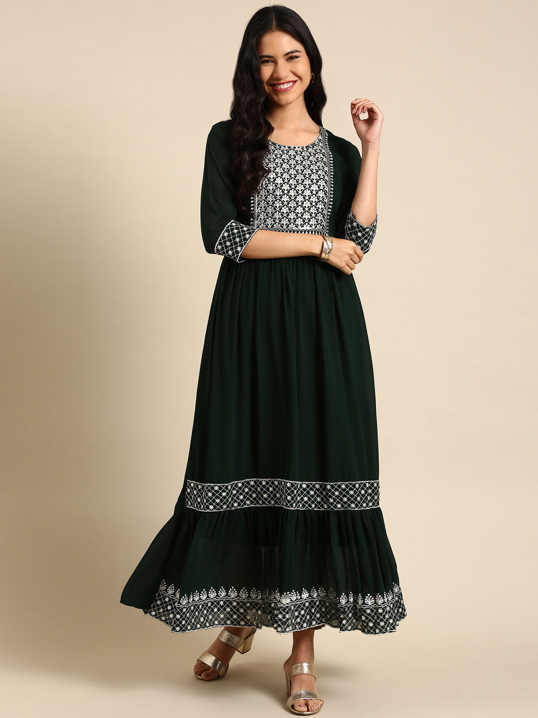 Women's Green Solid Anarkali Kurta