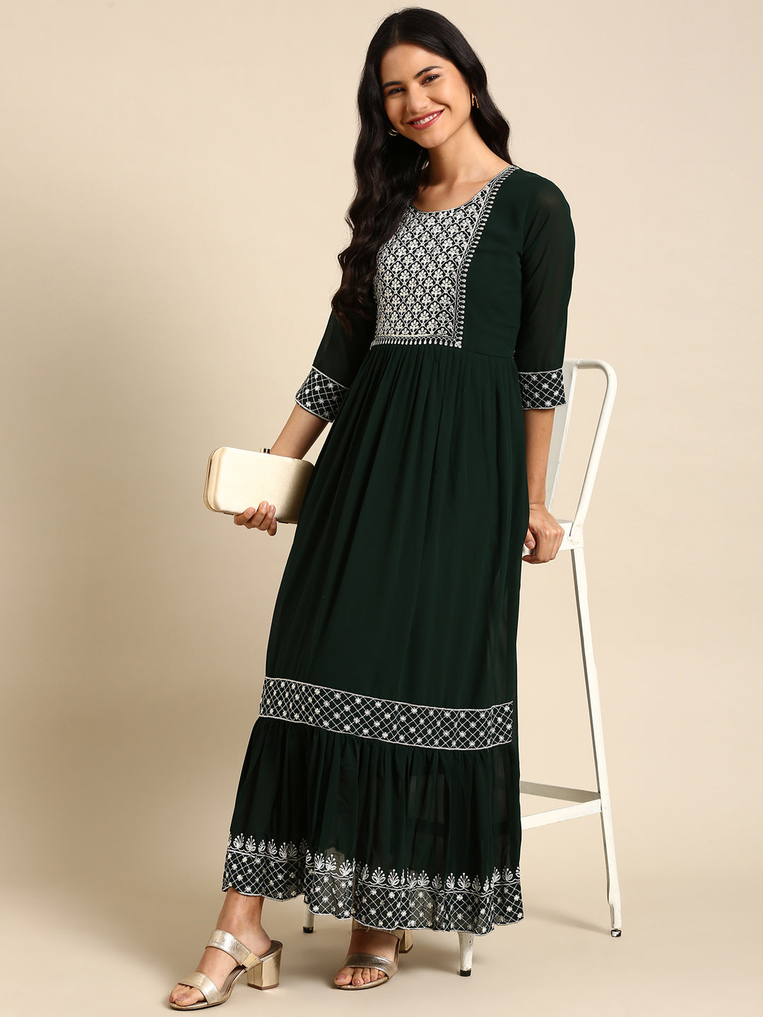 Women's Green Solid Anarkali Kurta