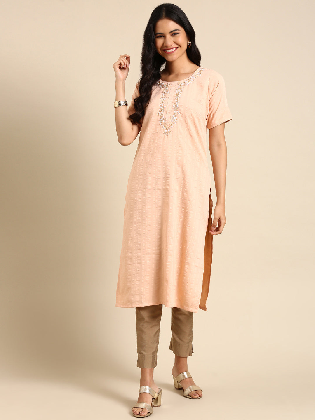 Women's Peach Printed Straight Kurta