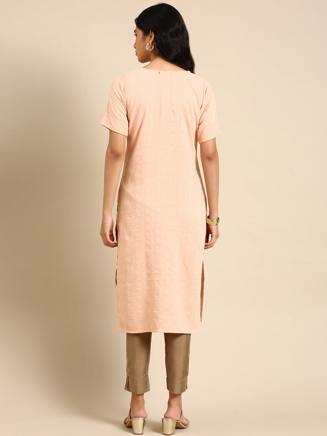 Women's Peach Printed Straight Kurta