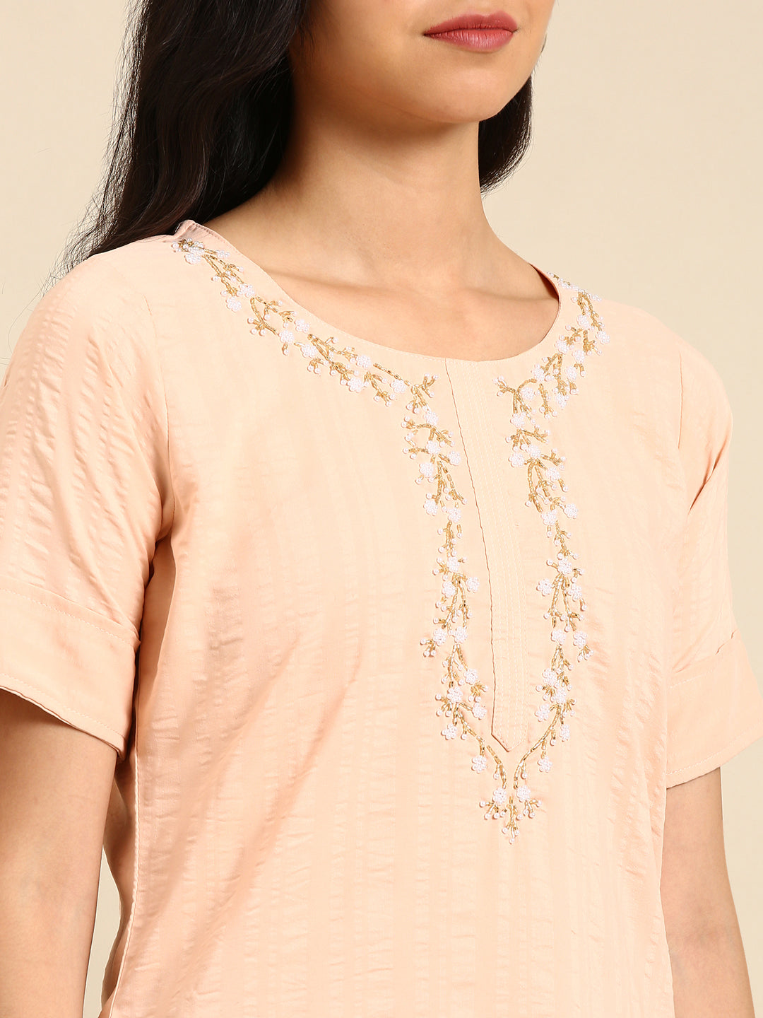 Women's Peach Printed Straight Kurta