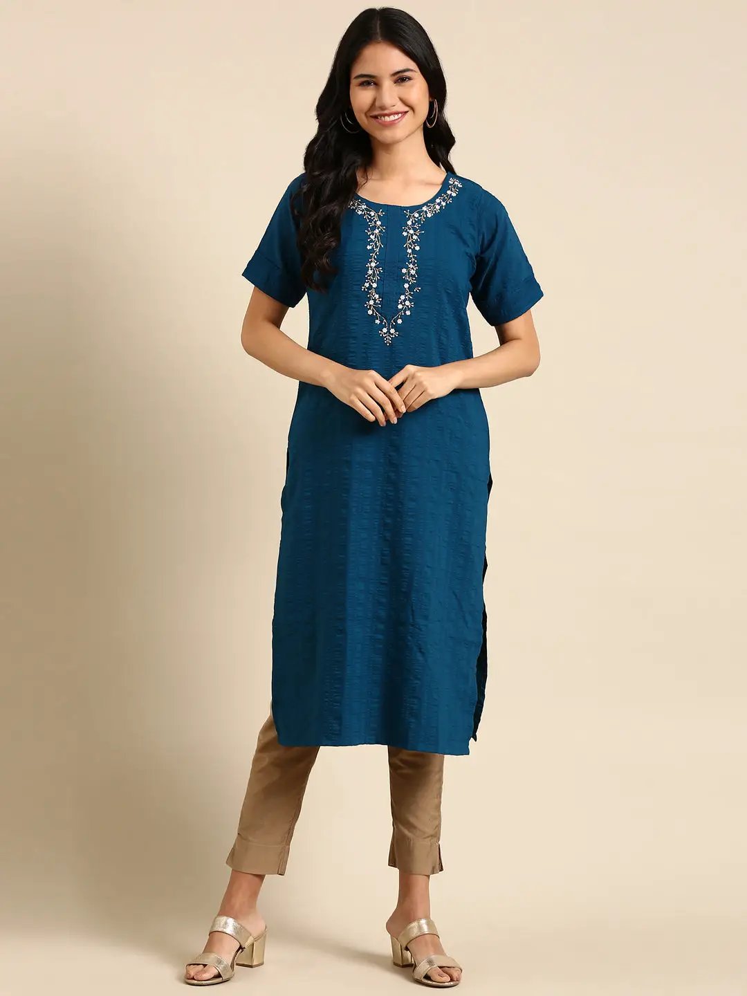 Women's Blue Printed Straight Kurta