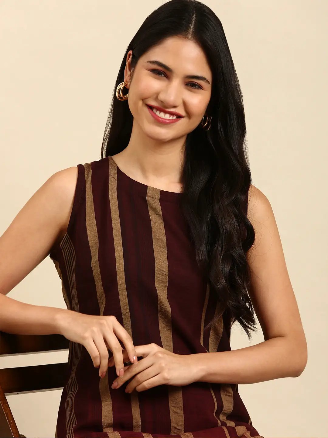 Women's Brown Striped Kurta Set