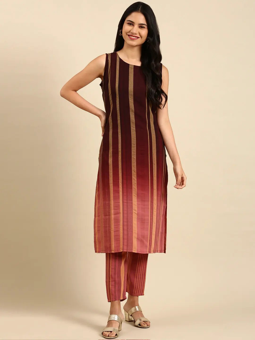 Women's Brown Striped Kurta Set