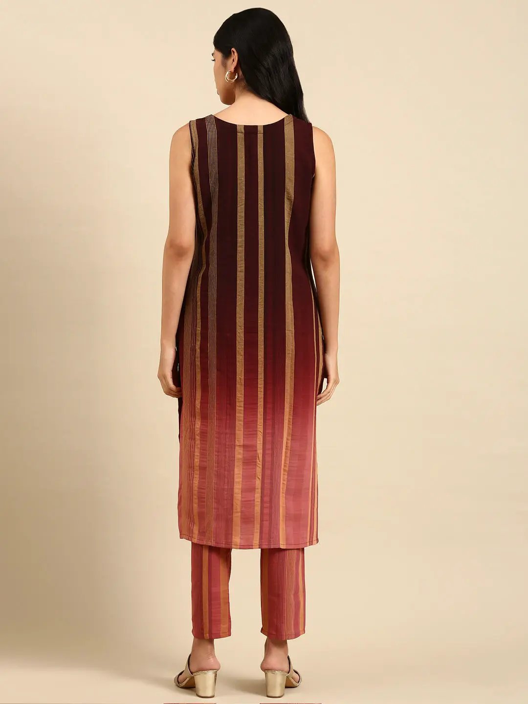 Women's Brown Striped Kurta Set