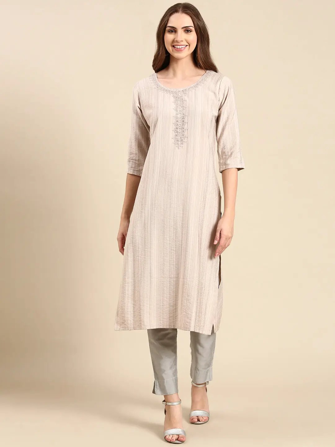 Women's Nude Embellished Straight Kurta