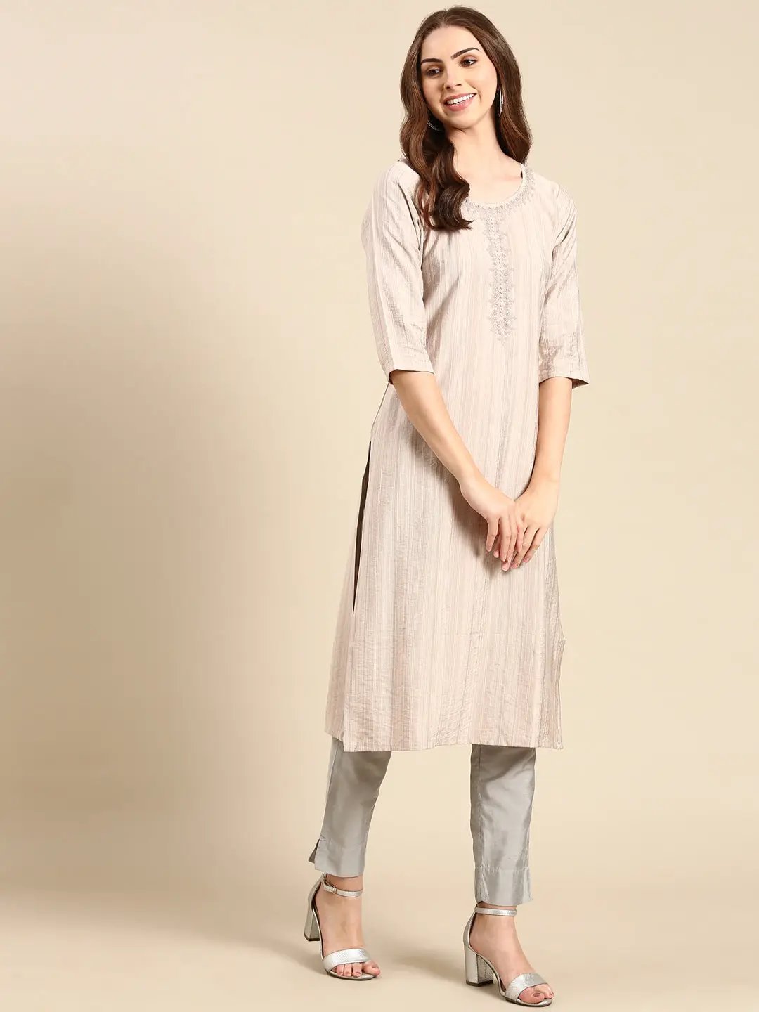 Women's Nude Embellished Straight Kurta
