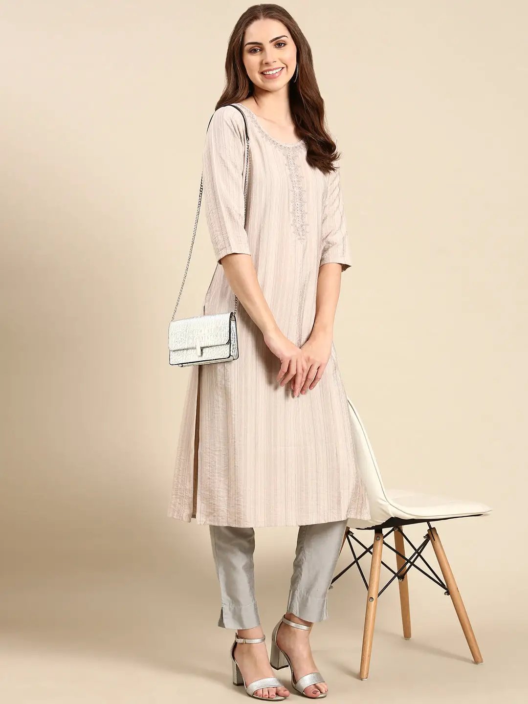 Women's Nude Embellished Straight Kurta