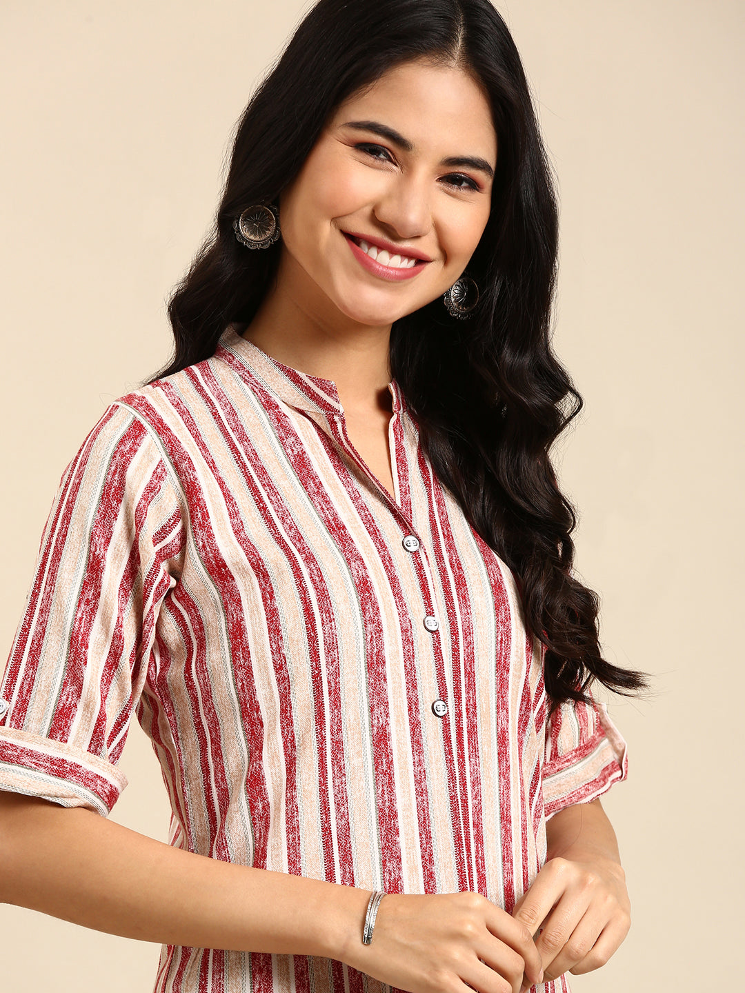 Women's Maroon Striped Straight Kurta