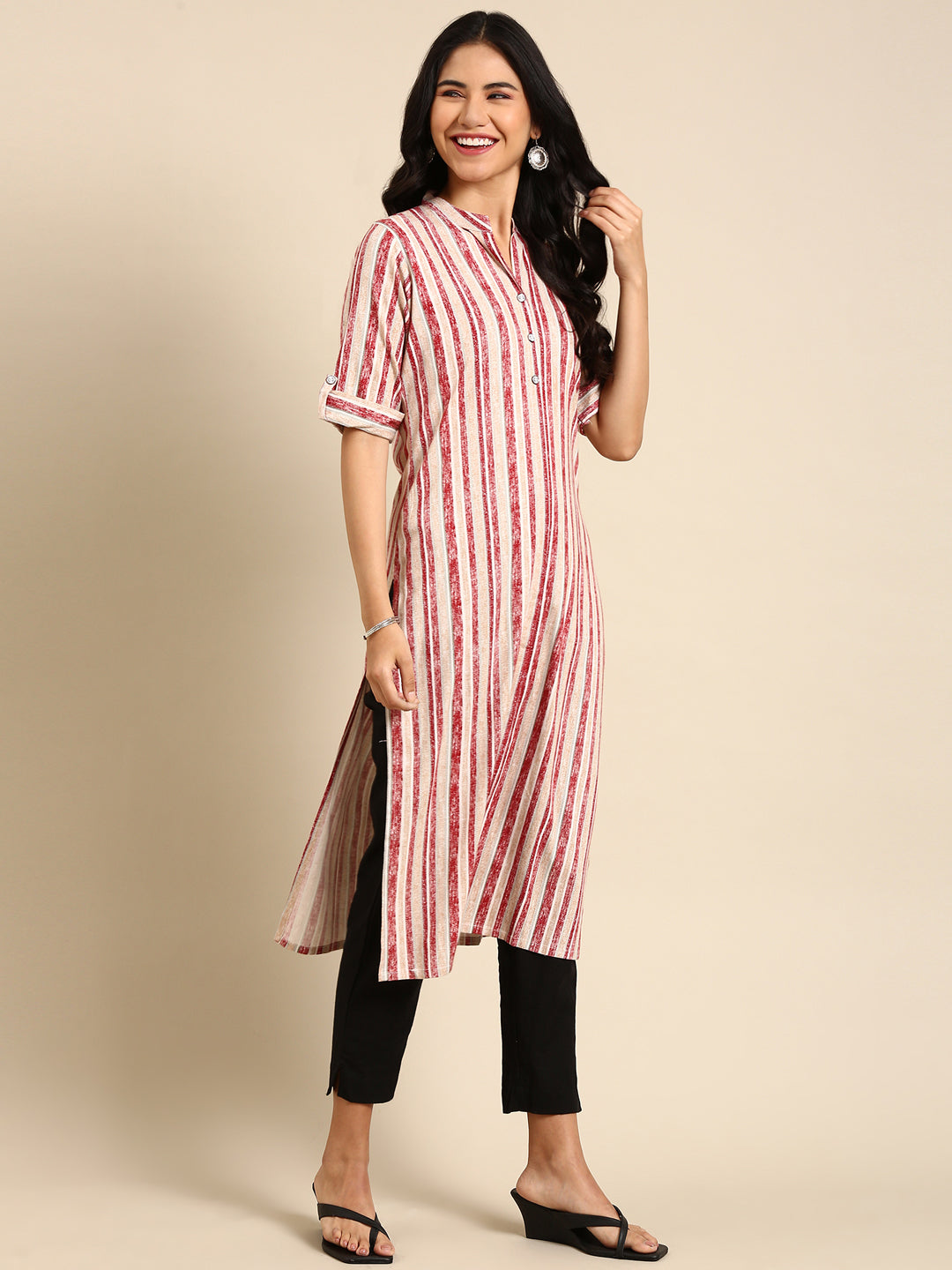 Women's Maroon Striped Straight Kurta