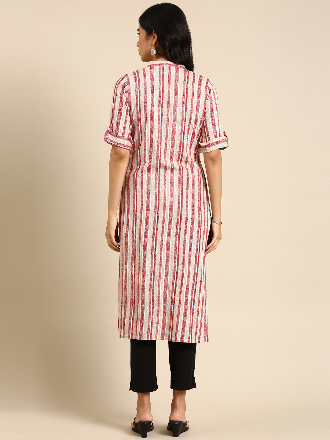 Women's Maroon Striped Straight Kurta