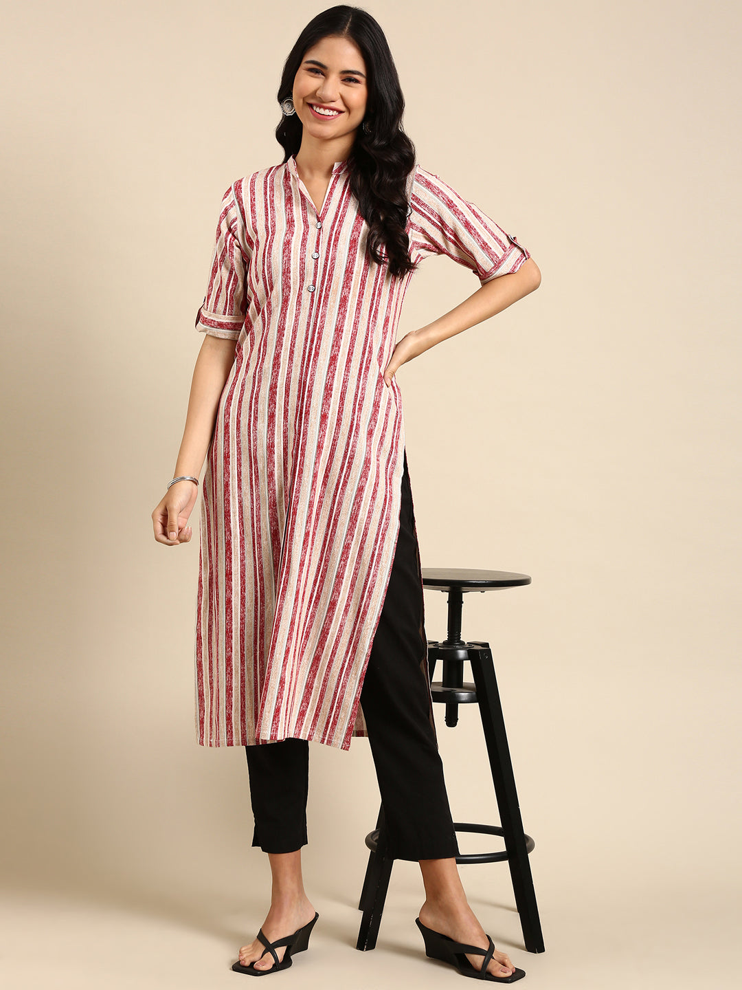 Women's Maroon Striped Straight Kurta