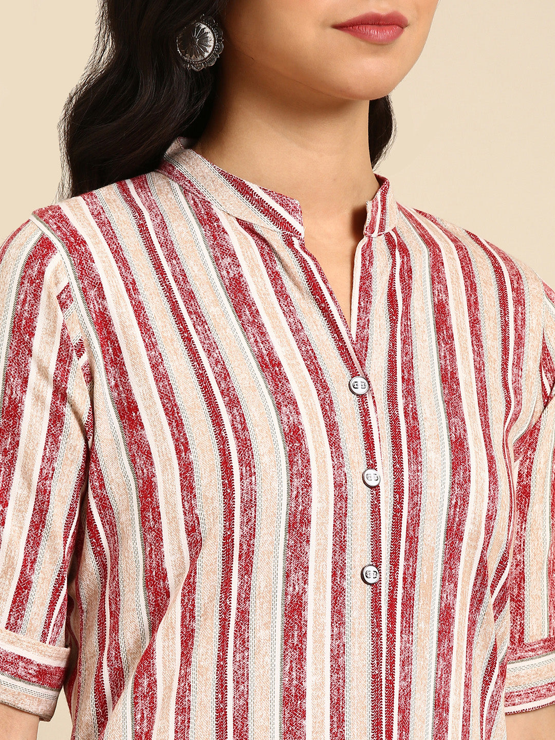 Women's Maroon Striped Straight Kurta