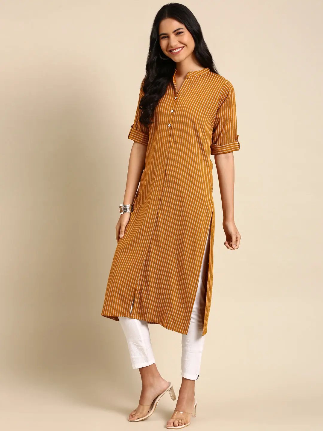 Women's Mustard Solid Straight Kurta