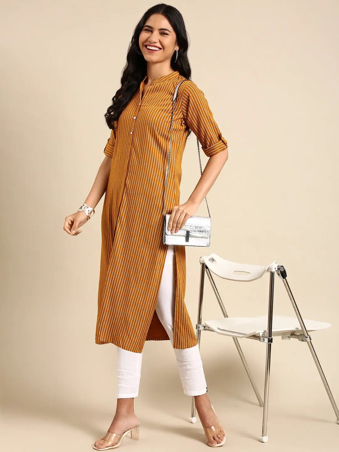 Women's Mustard Solid Straight Kurta