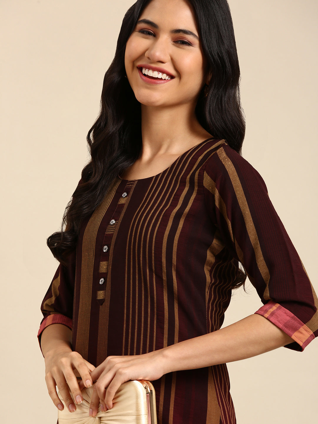 Women's Coffee Brown Striped Straight Kurta