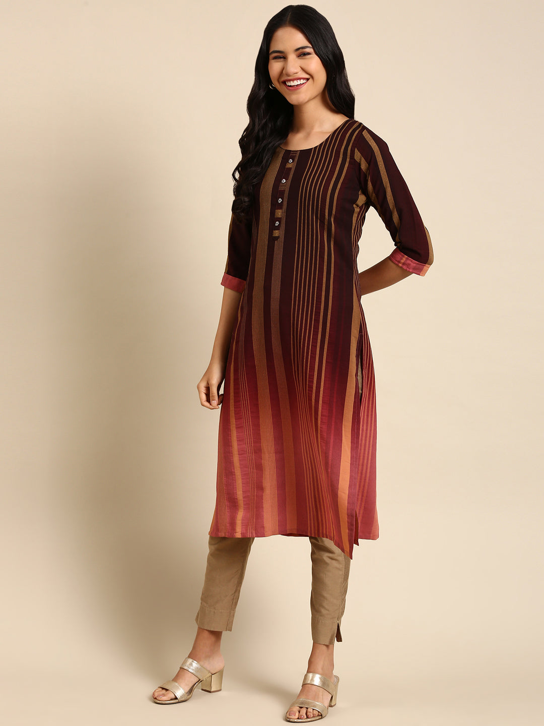 Women's Coffee Brown Striped Straight Kurta