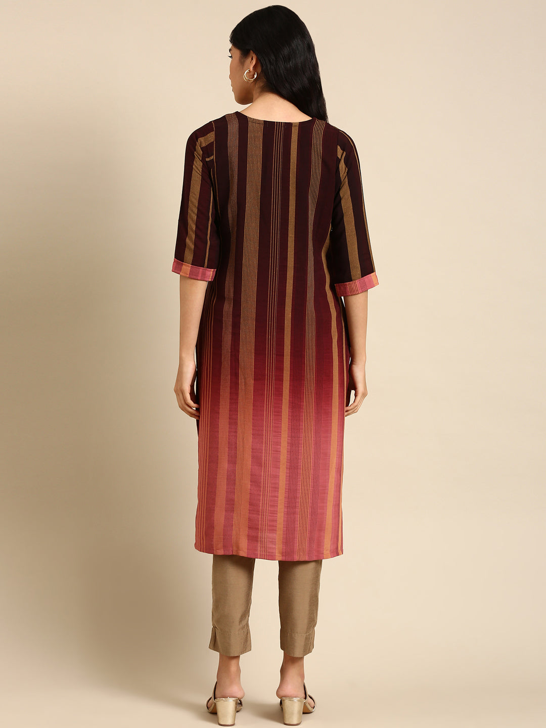 Women's Coffee Brown Striped Straight Kurta