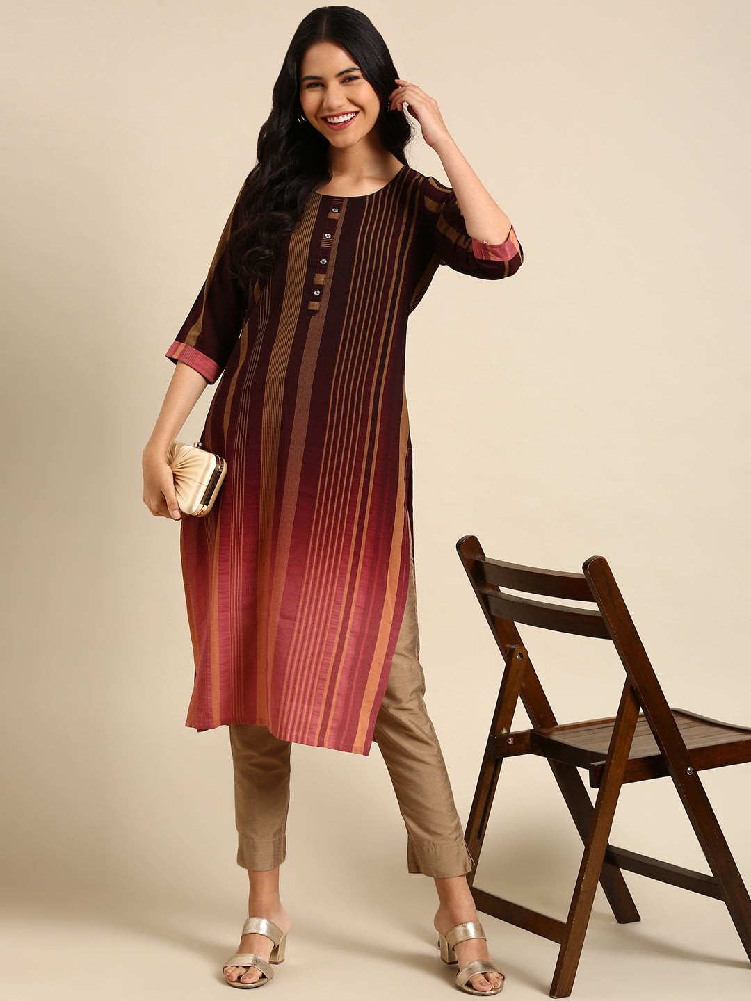 Women's Coffee Brown Striped Straight Kurta