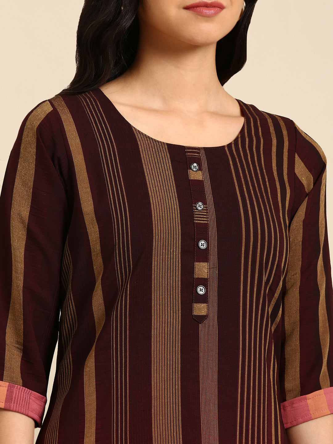 Women's Coffee Brown Striped Straight Kurta