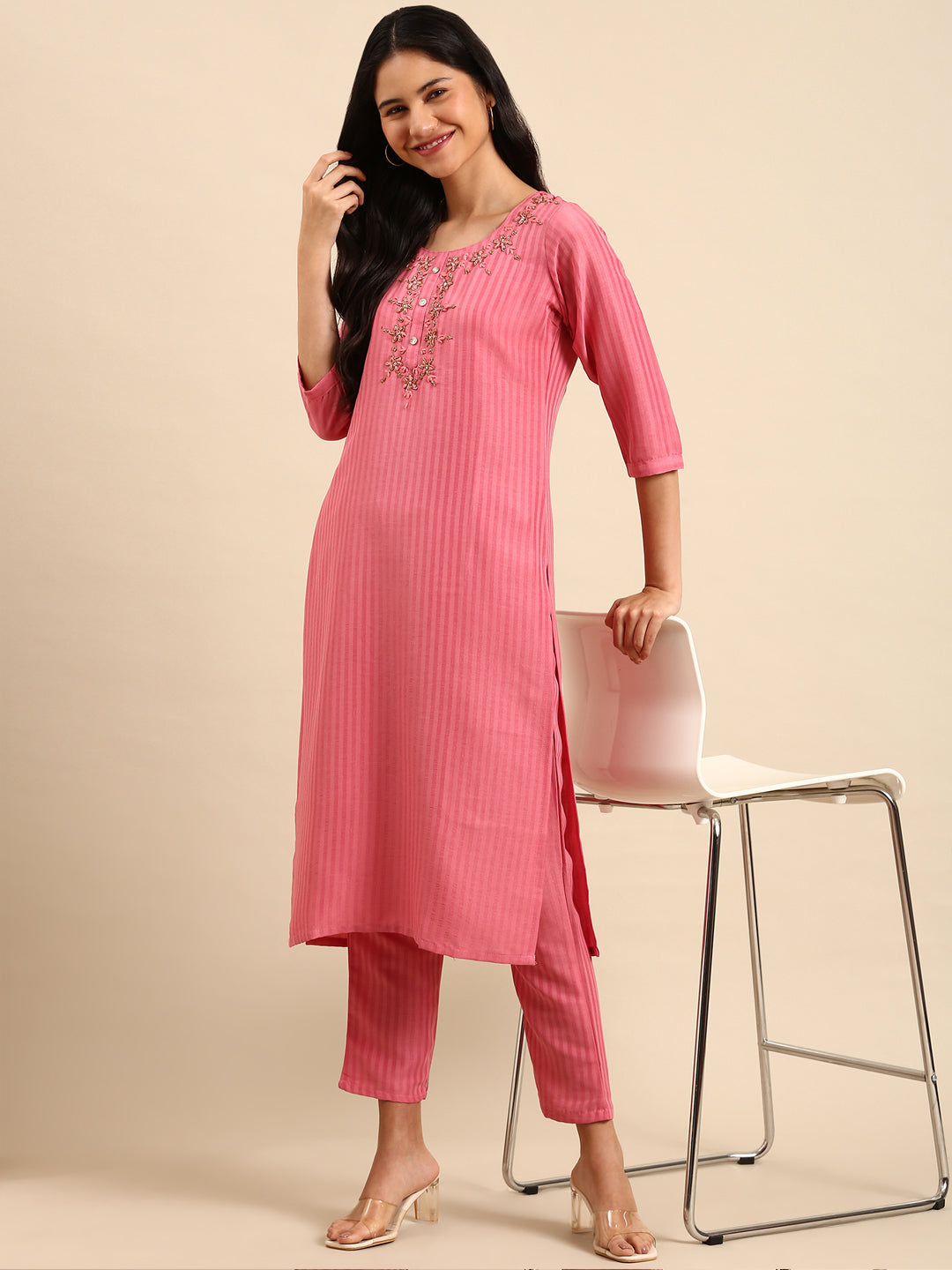 Women's Pink Solid Kurta Set