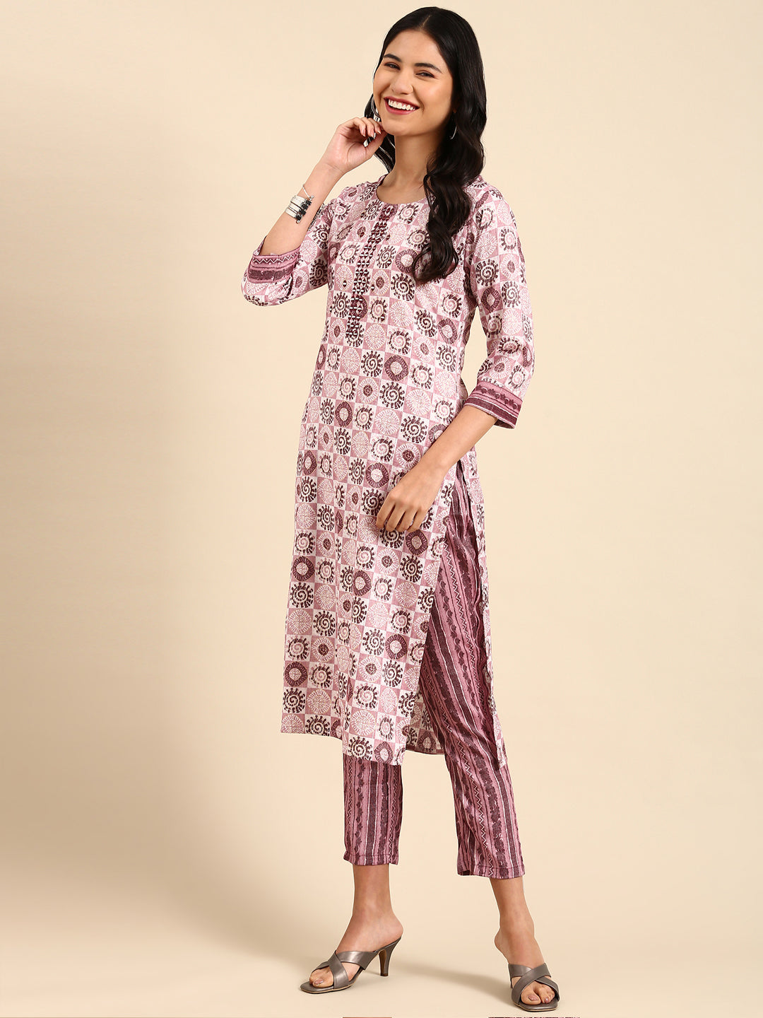 Women's Mauve Ethnic Motifs Printed Kurta Set
