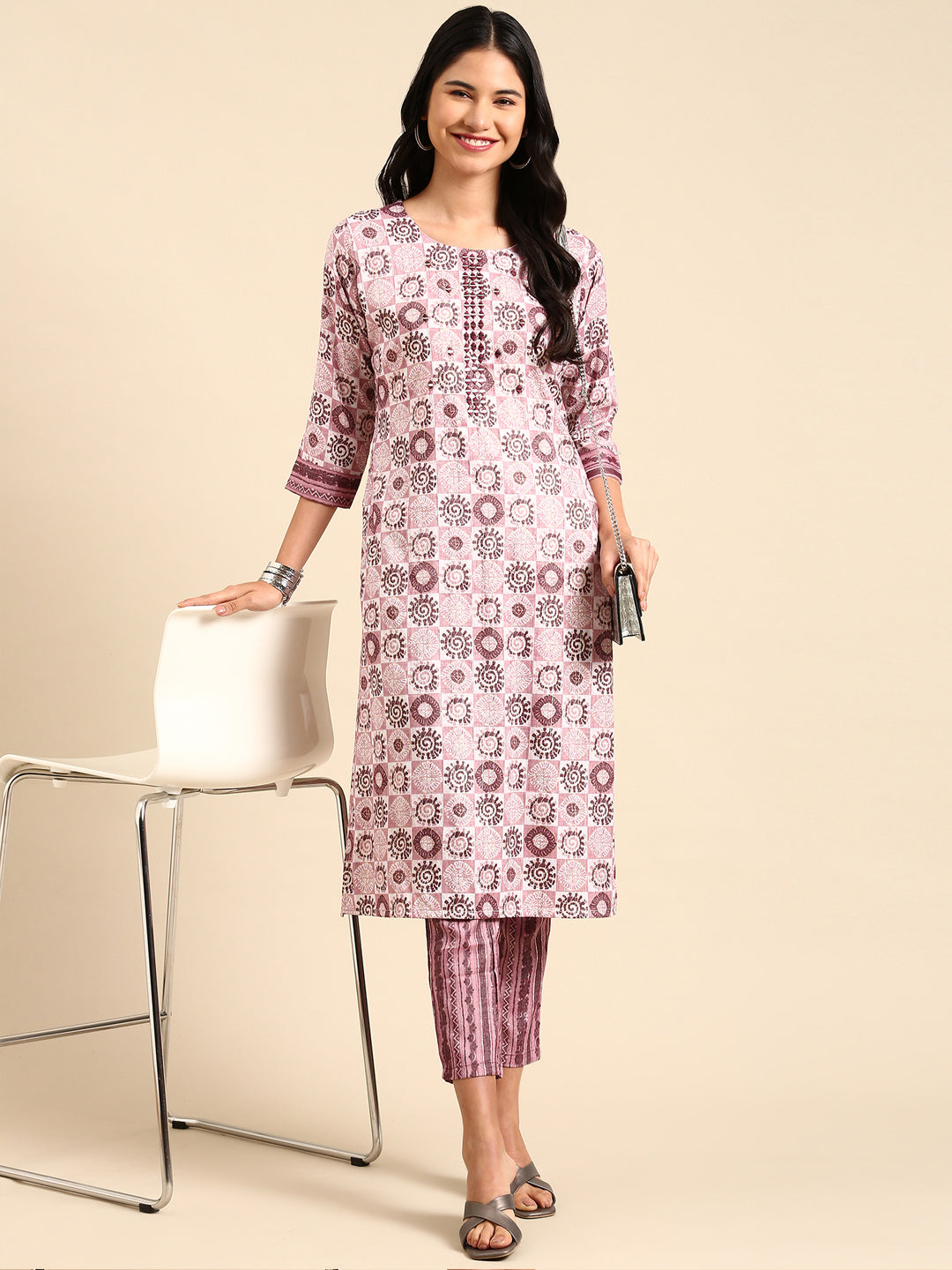 Women's Mauve Ethnic Motifs Printed Kurta Set