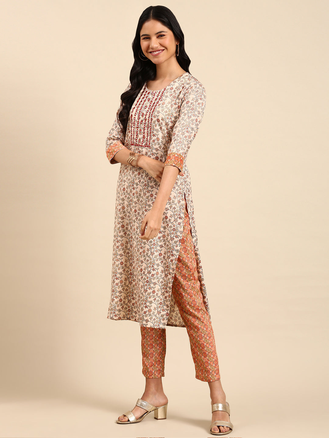 Women's Peach Printed Kurta Set